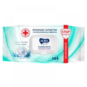 Салфетки влажные антибактериальным AURA FAMILY, с крышкой, 144шт